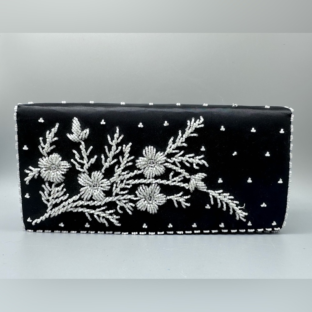 Black Satin  Floral Beaded Vintage Clutch Prom Wedding